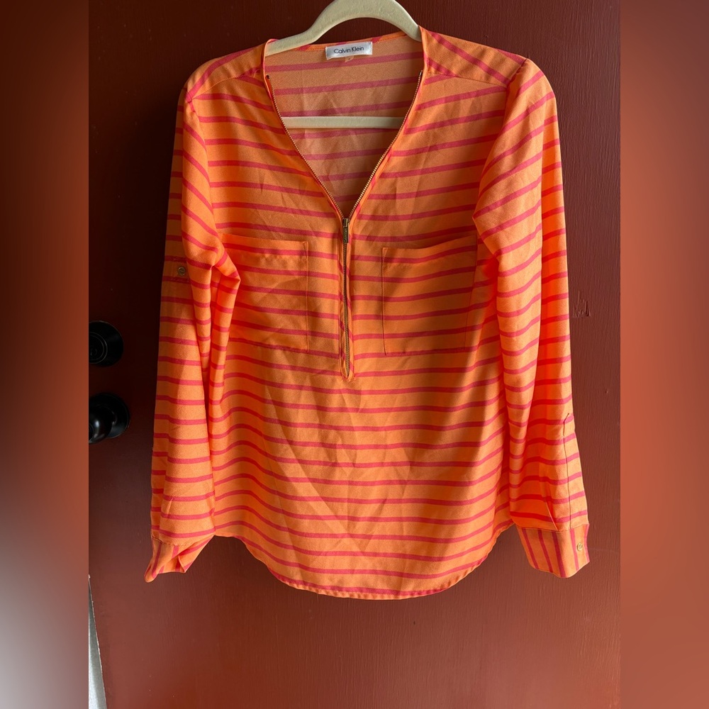 Calvin Klein Orange and Pink Striped Zip-Pocket Tunic